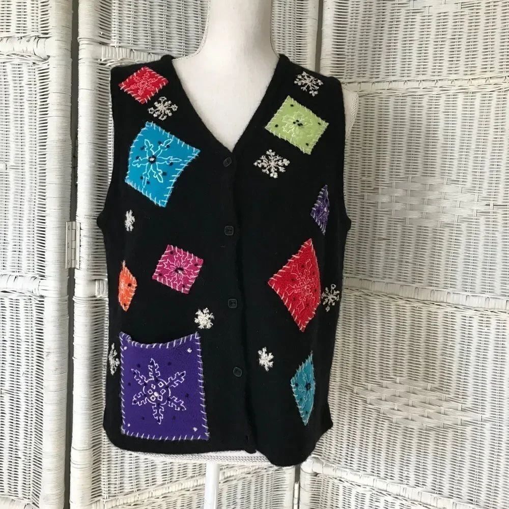 Northern Isles Wool Sweater Vest Women’s L Black Patchwork Snowflake Embroider